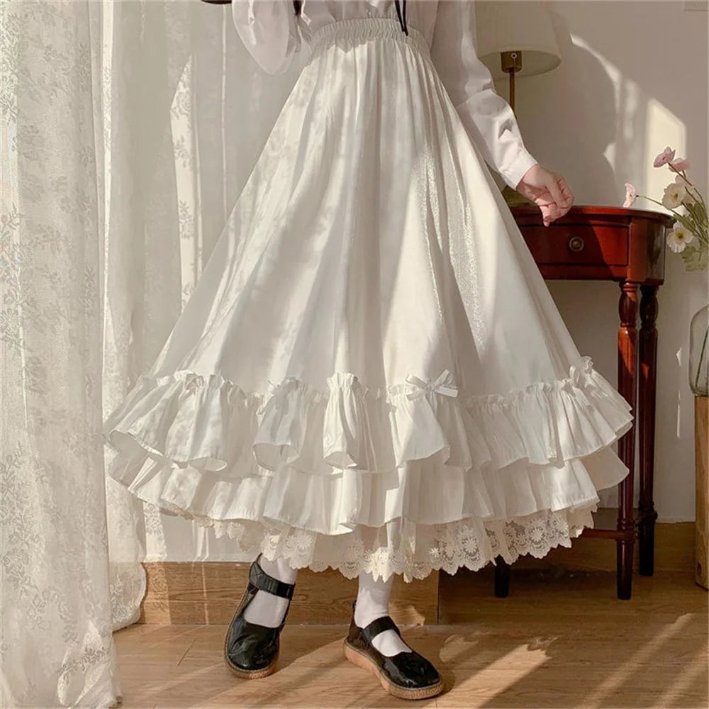 Korean Style Black White Half Skirt Female Long Skirts Japanese Solid Color Double Layer Vintage French Ruffled A-line Skirt