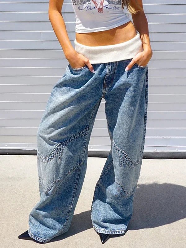 Joker Y2K Hip-Hop Retro Jeans Female Korean Casual Wide-Leg Pants Loose Fit Stitching Fashion Essential Overalls